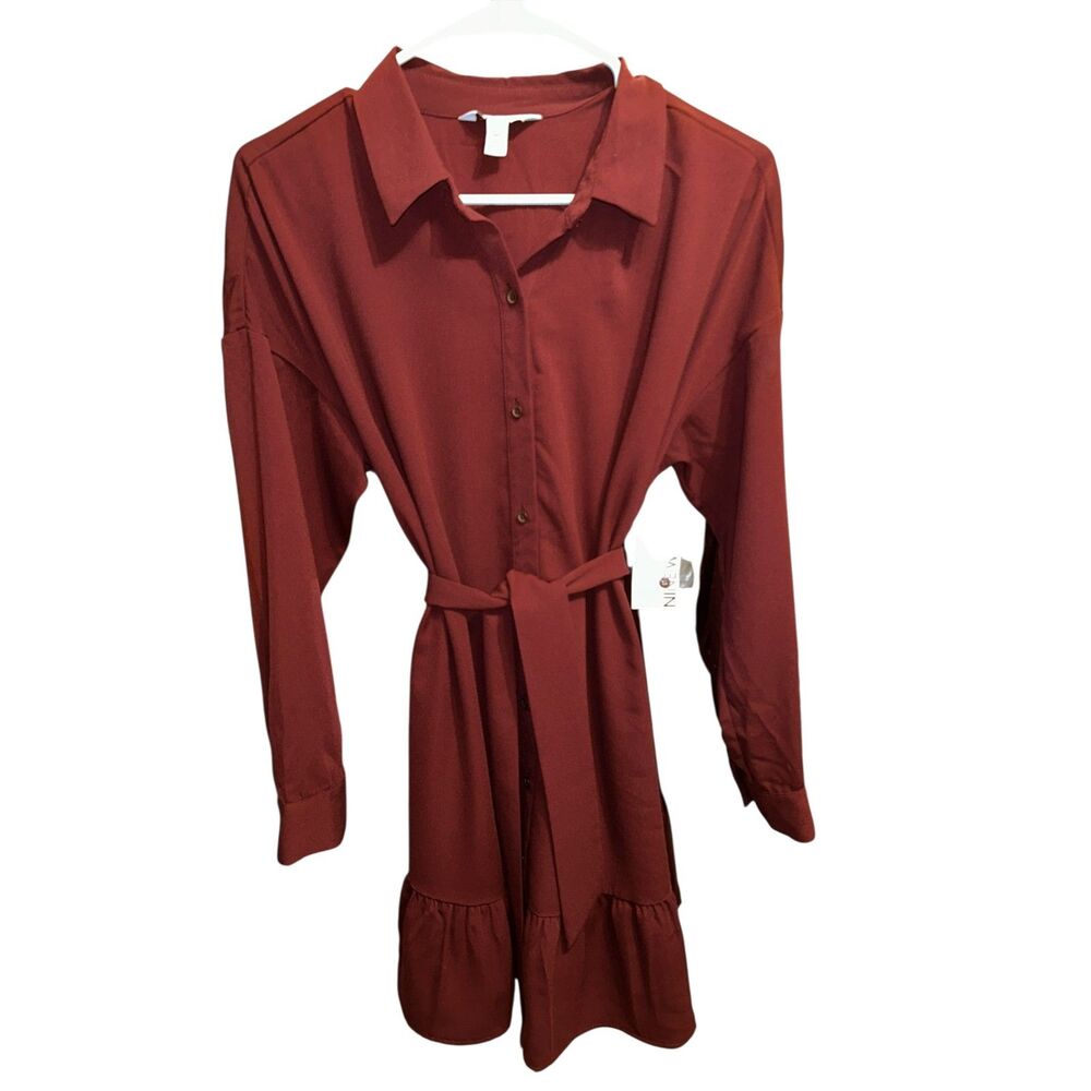 Nine West Burgundy Shirt Dress Belted Ruffle Hem Size M 21” P2P 25” Length